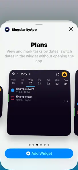 SingularityApp Calendar widget preview for iPhone — calendar view with tasks