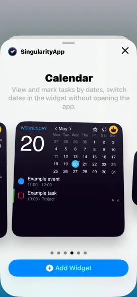 SingularityApp Plans widget preview for iPhone — view tasks by date