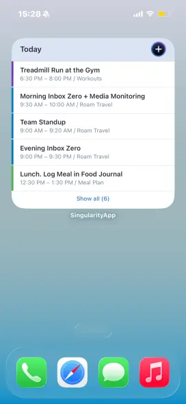 SingularityApp today widget showing task list on iPhone home screen