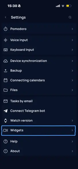 SingularityApp Settings — Widgets section for installing iOS widgets from the app