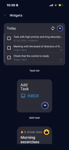 List of available SingularityApp widgets in the app — Task list, Add task, One Habit