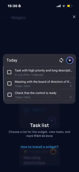 Task list widget description in SingularityApp with How to install a widget link