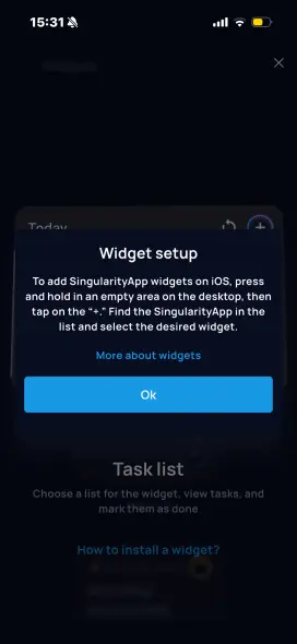 Widget setup instructions in SingularityApp iOS — press and hold home screen to add widget